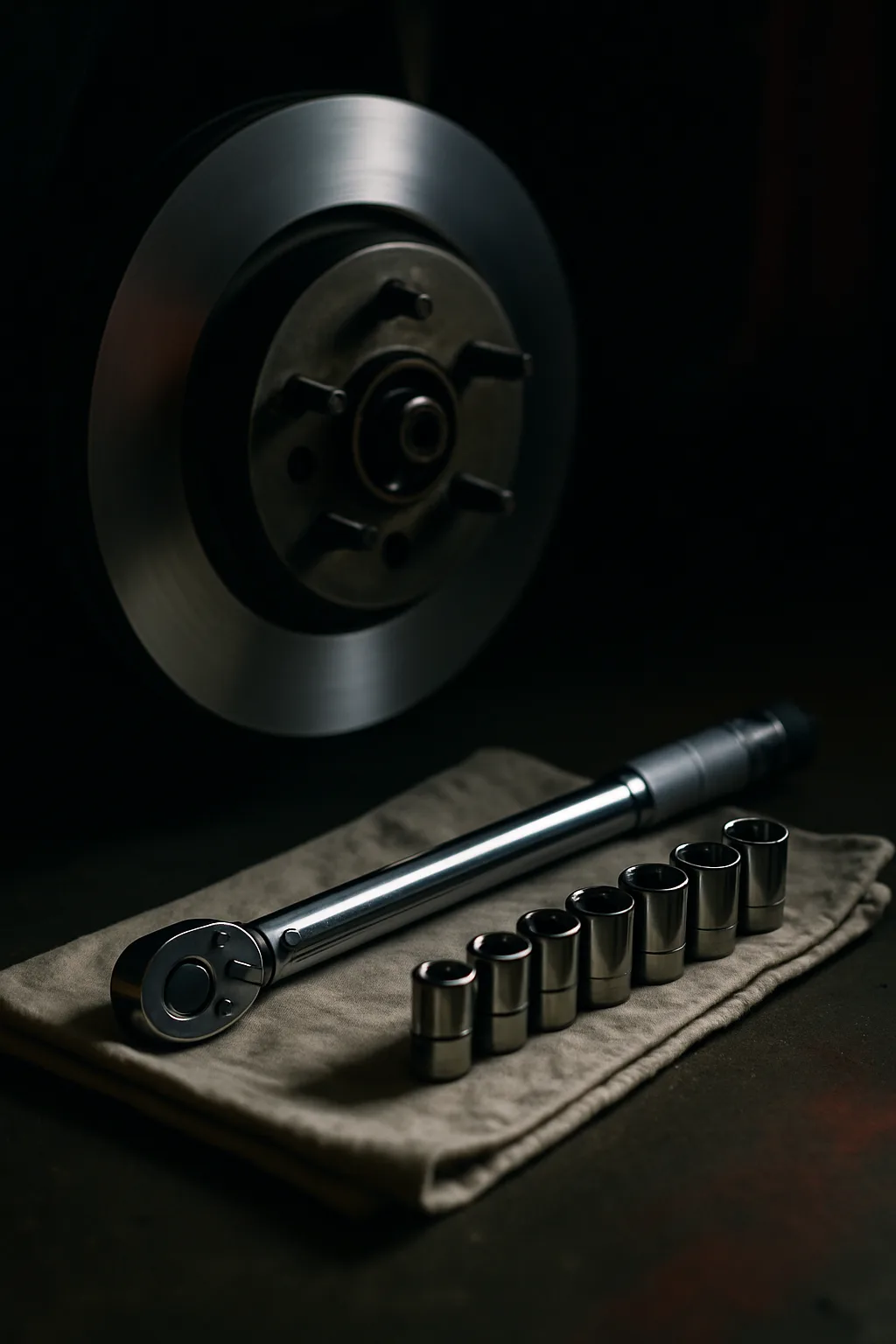 Torque wrench and sockets next to a new brake rotor