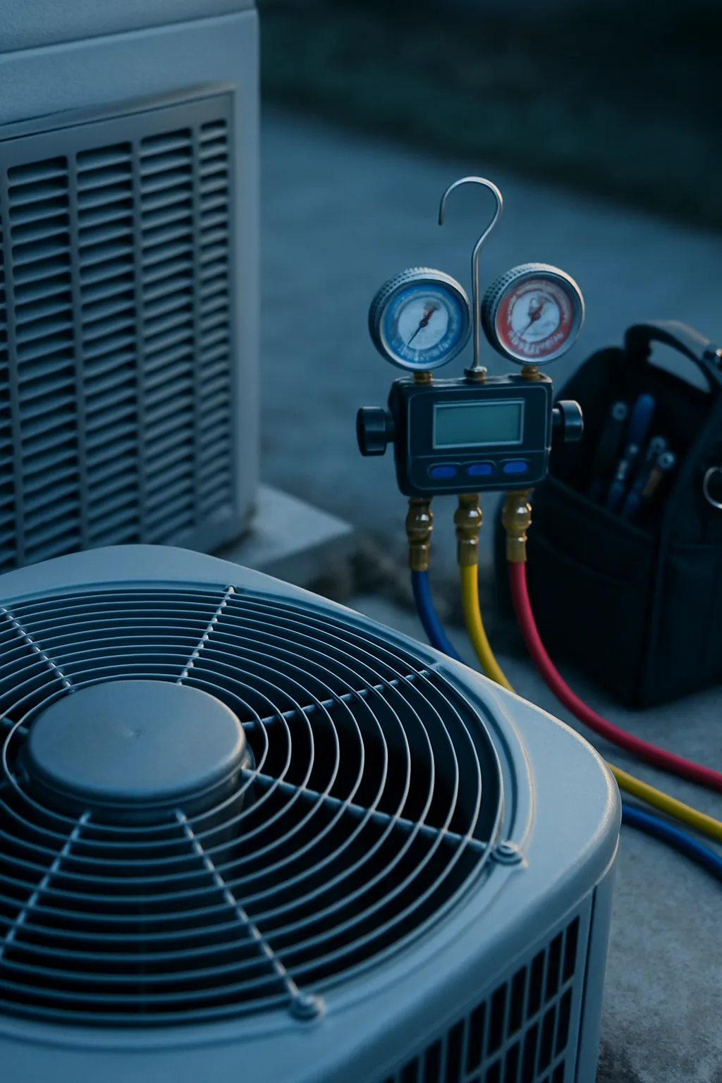 Gauge set and tools beside an outdoor AC unit