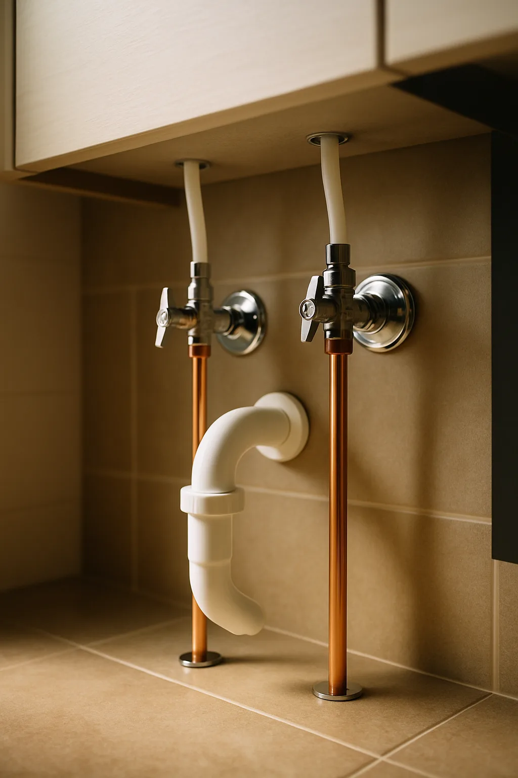 New copper supply lines and shut-off valves under a sink
