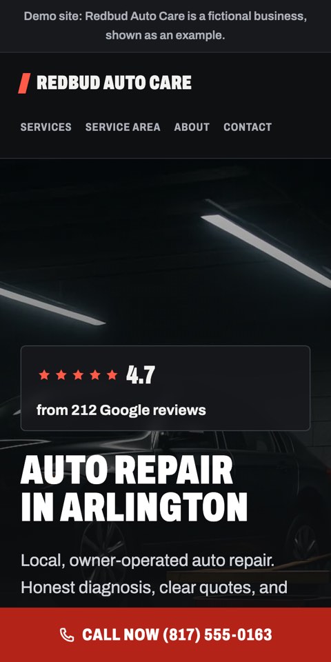 Phone view of the Redbud Auto Care example site