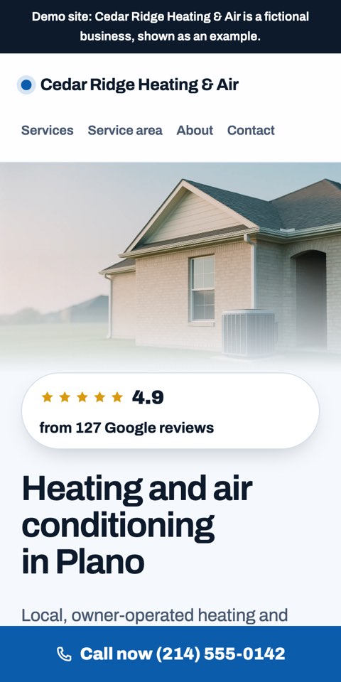 Phone view of the Cedar Ridge Heating & Air example site